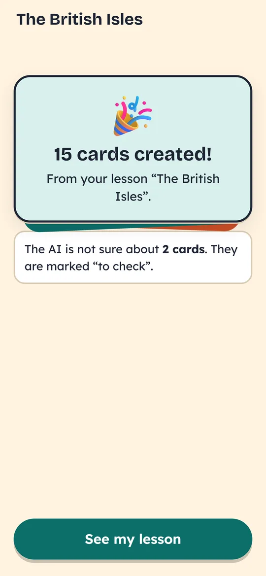 “12 cards created!” for a history lesson